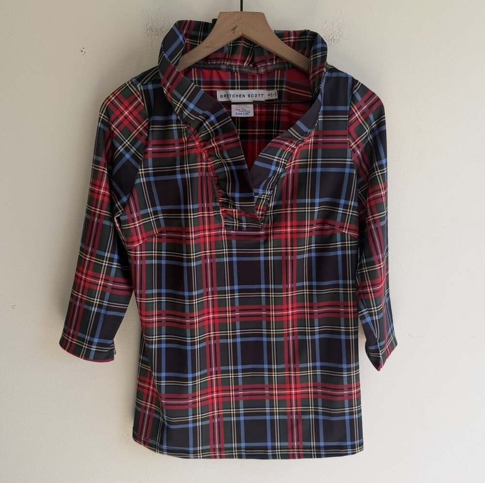 Gretchen Scott Tartan Plaid Stand Up Ruffle Neck Blouse Size S Red Holiday